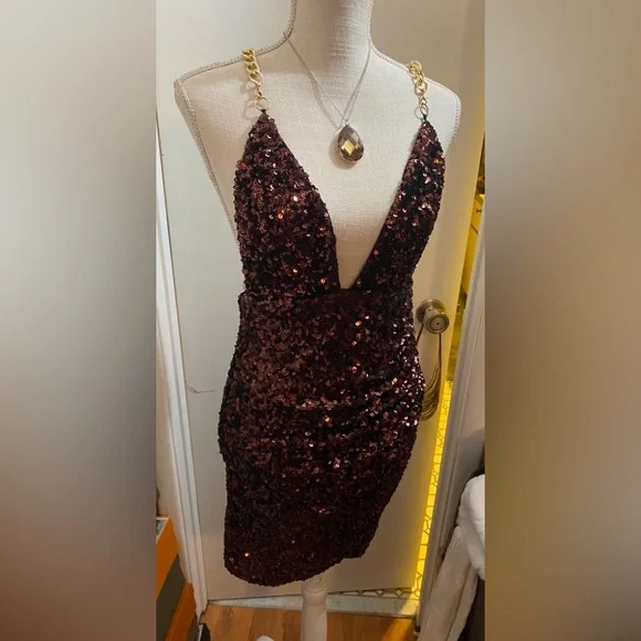 Dresses | Beautiful Chocolate Sequin Chain Strap Backless Dress Sizes Small  Med